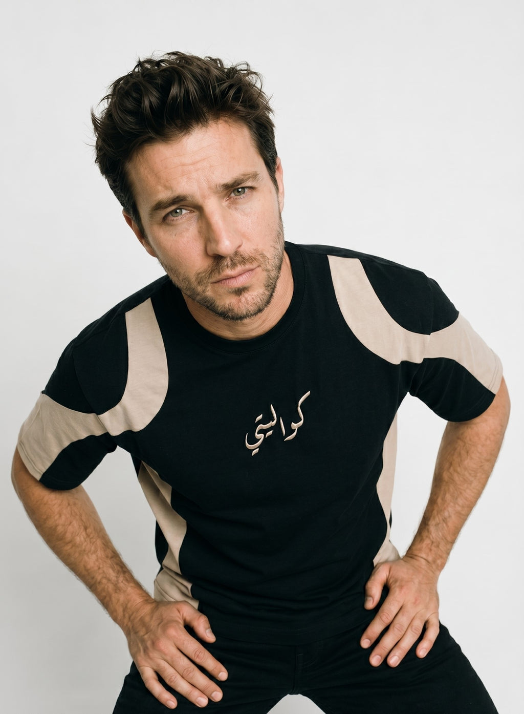 panel t-shirt with embroidery (black - beige)