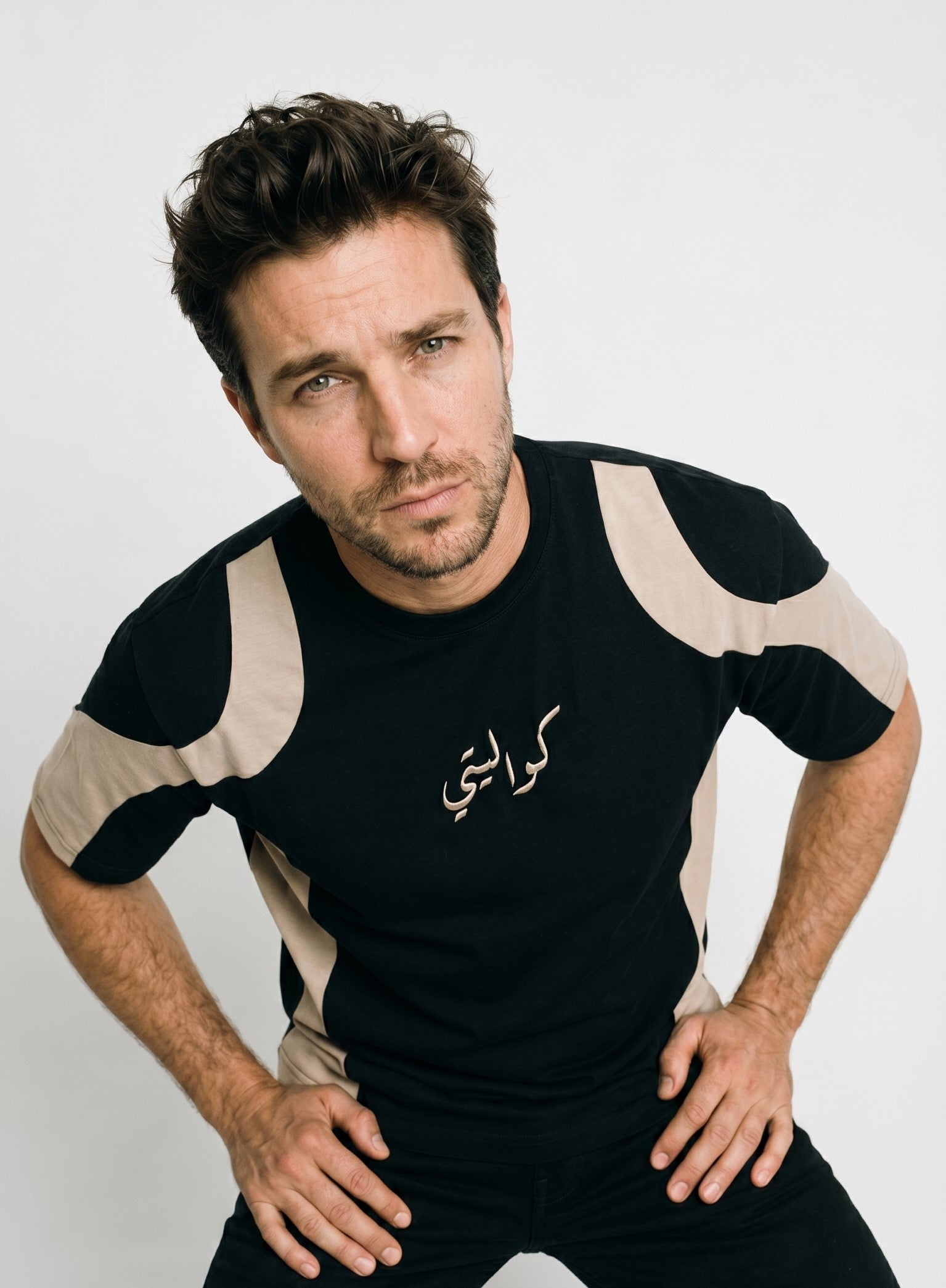 panel t-shirt with embroidery (black - beige)