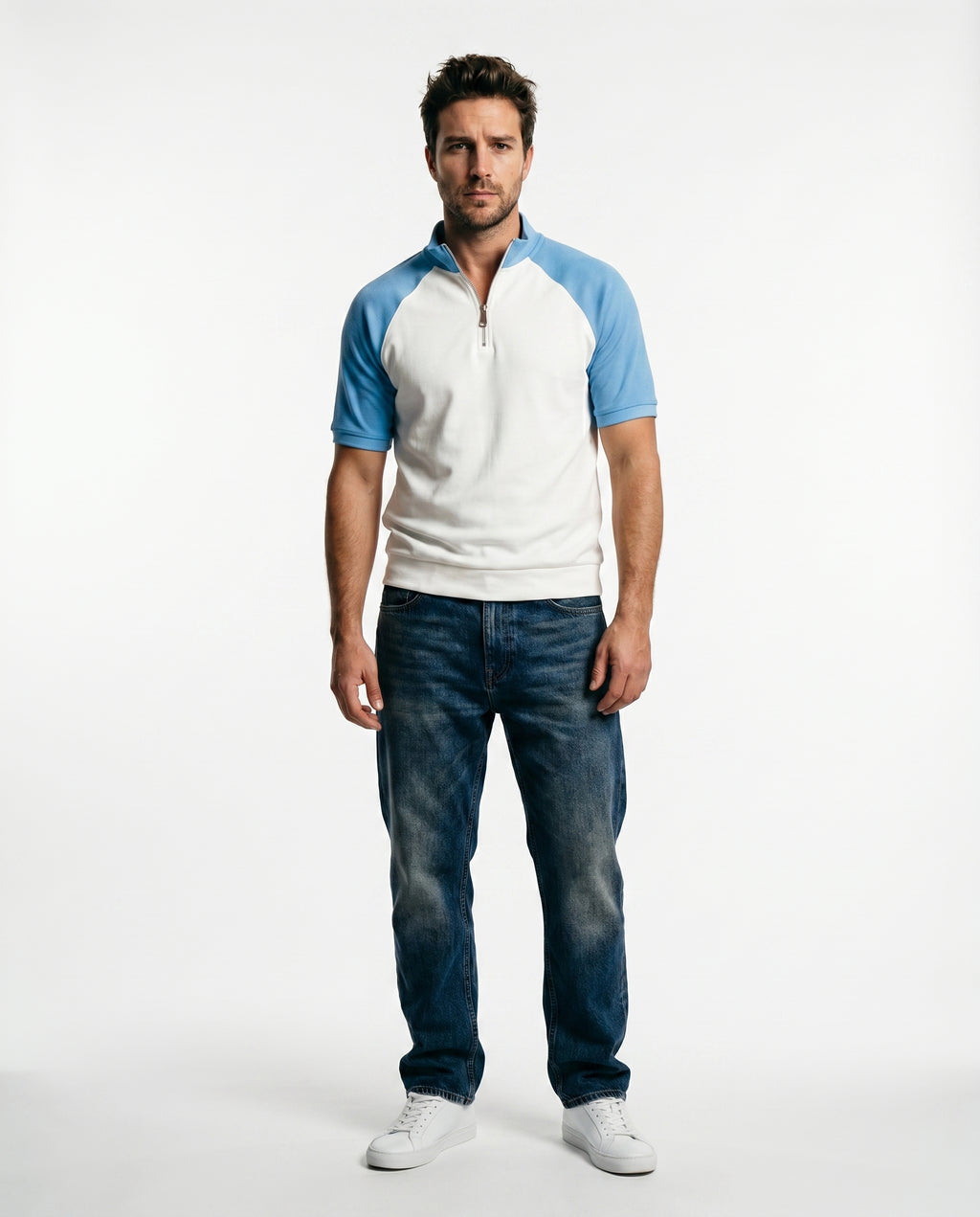 quarter zipper polo t-shirt (off white - sky blue)