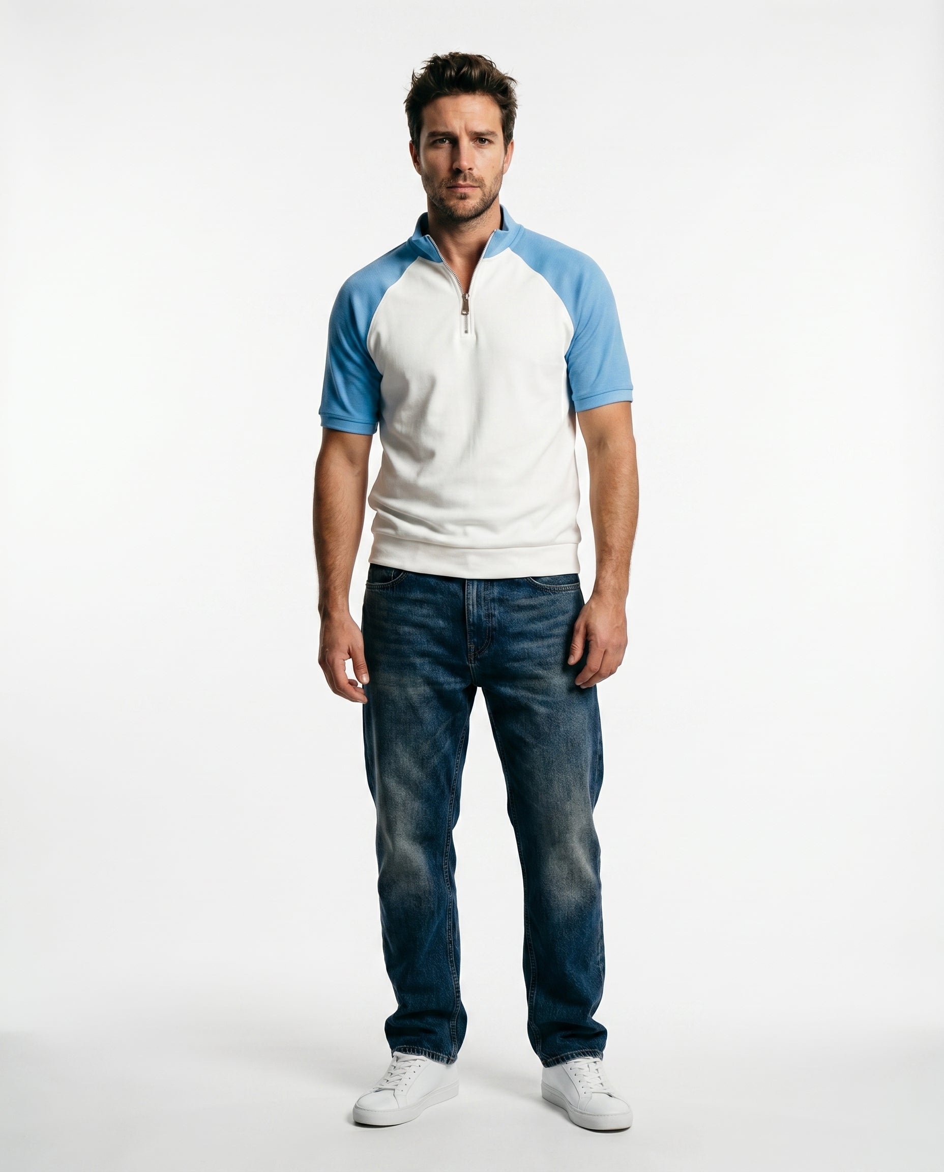quarter zipper polo t-shirt (off white - sky blue)