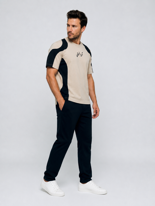 panel t-shirt with embroidery (beige - black)