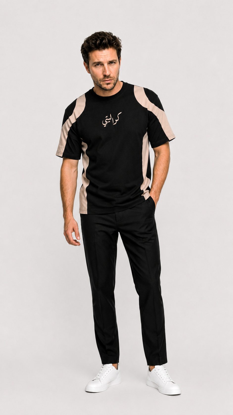 panel t-shirt with embroidery (black - beige)