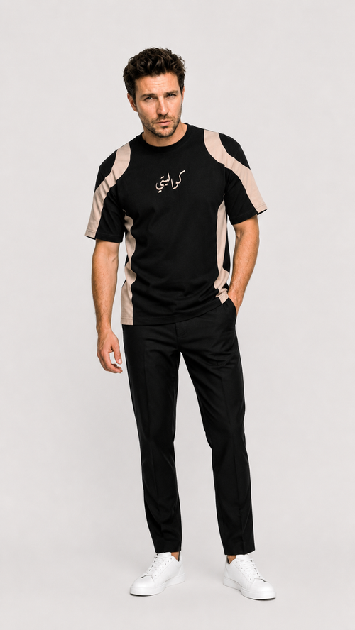 panel t-shirt with embroidery (black - beige)
