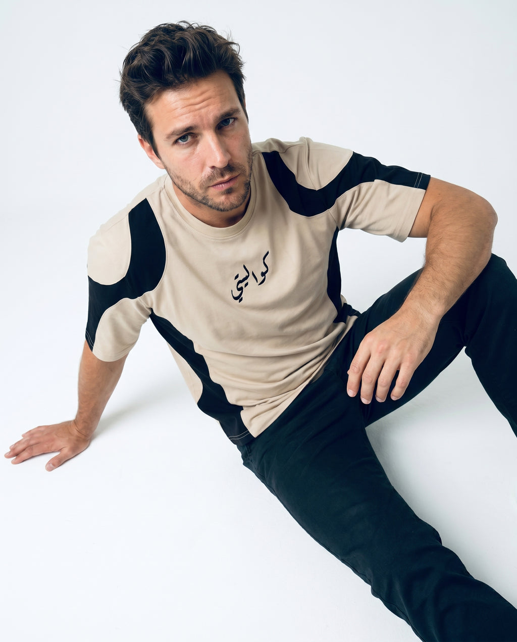 panel t-shirt with embroidery (beige - black)